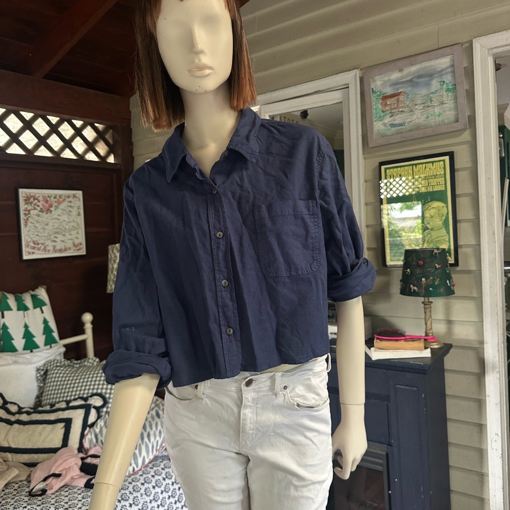 Navy Button-Up Shirt and White Pants